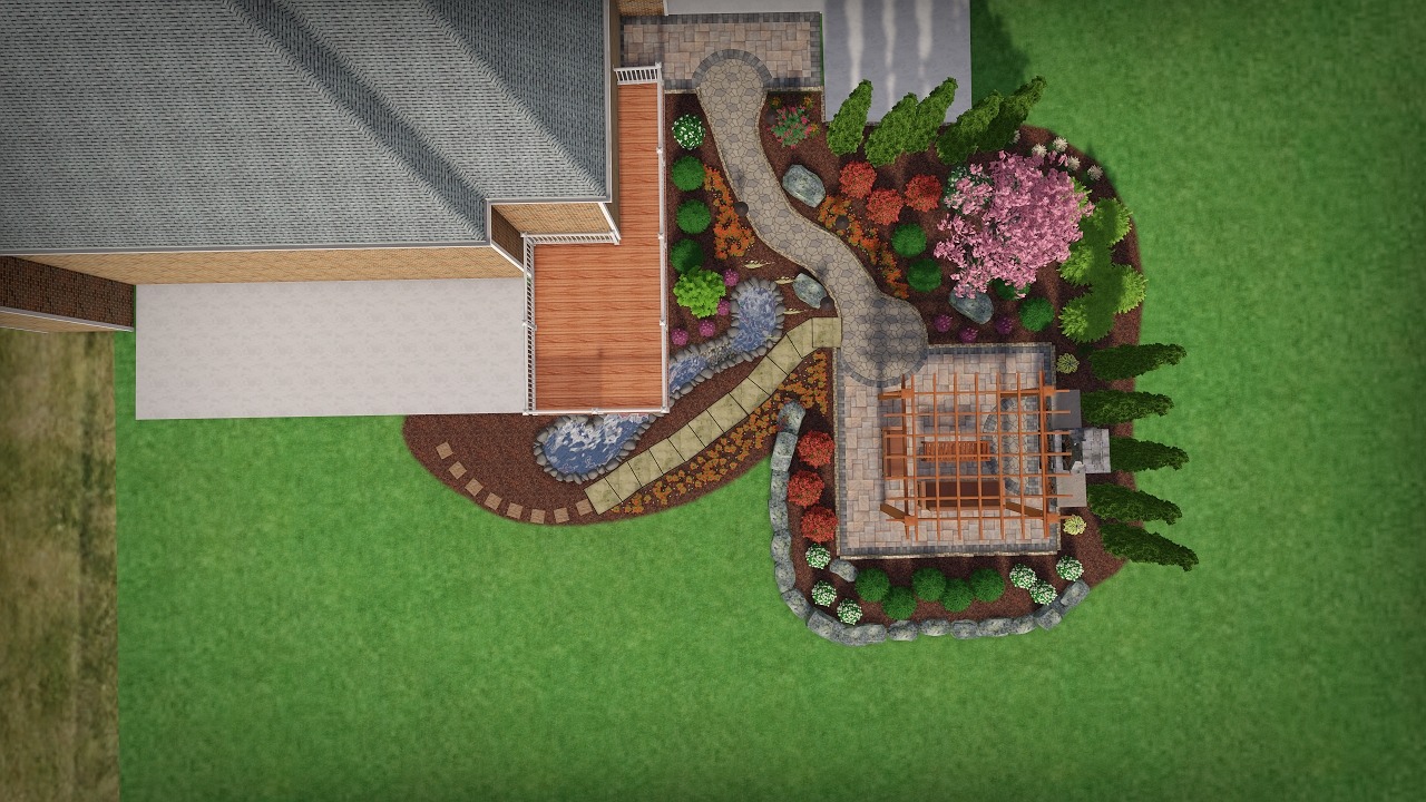 Aerial view of a landscaped garden with paths, plants, and a pergola adjacent to a building's wooden deck.