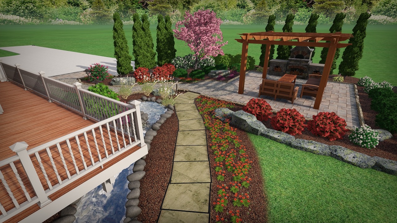 Beautiful garden with a patio, pergola, and wooden deck. Stone pathway surrounded by colorful flowers, lush greenery, and a small stream.