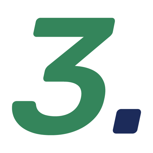 The image displays a large, green number three alongside a small, dark blue dot, set against a plain, white background.