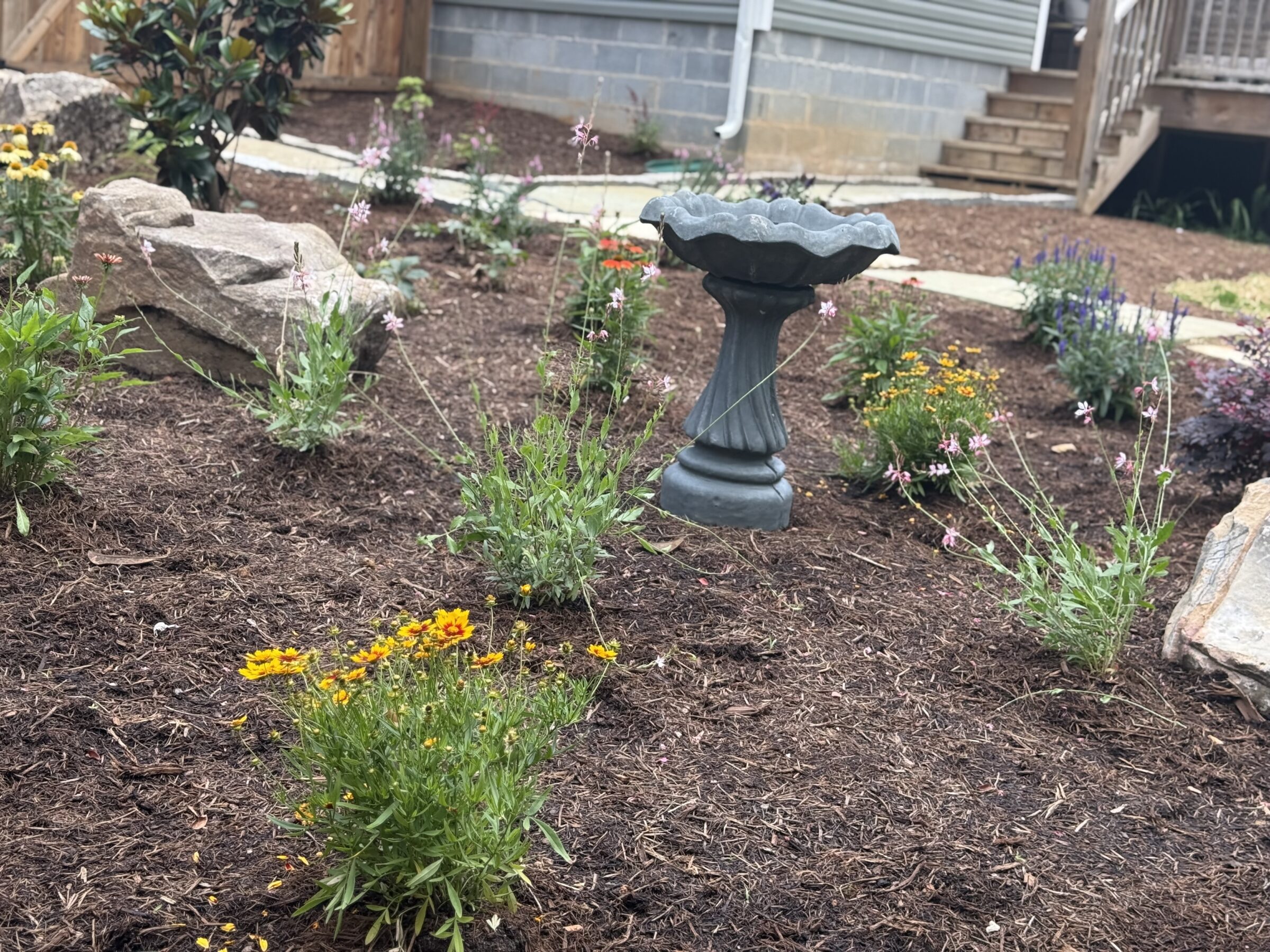 Garden with blooming flowers, rocks, and a birdbath. Wooden steps and a fence visible in the background, creating a serene outdoor setting.
