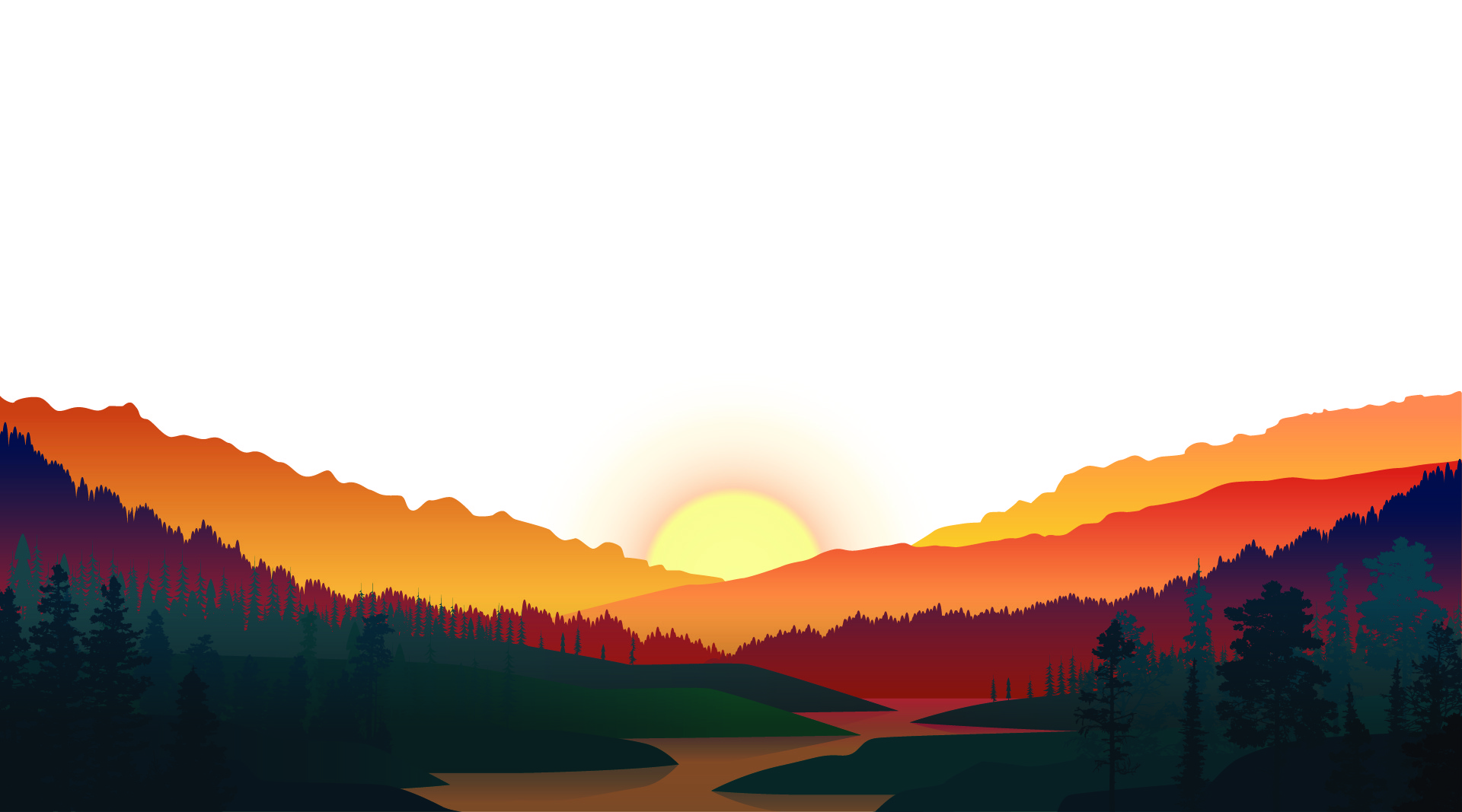 Vibrant illustration of a sunset over a mountain landscape, with lush forests and a serene river in the foreground.