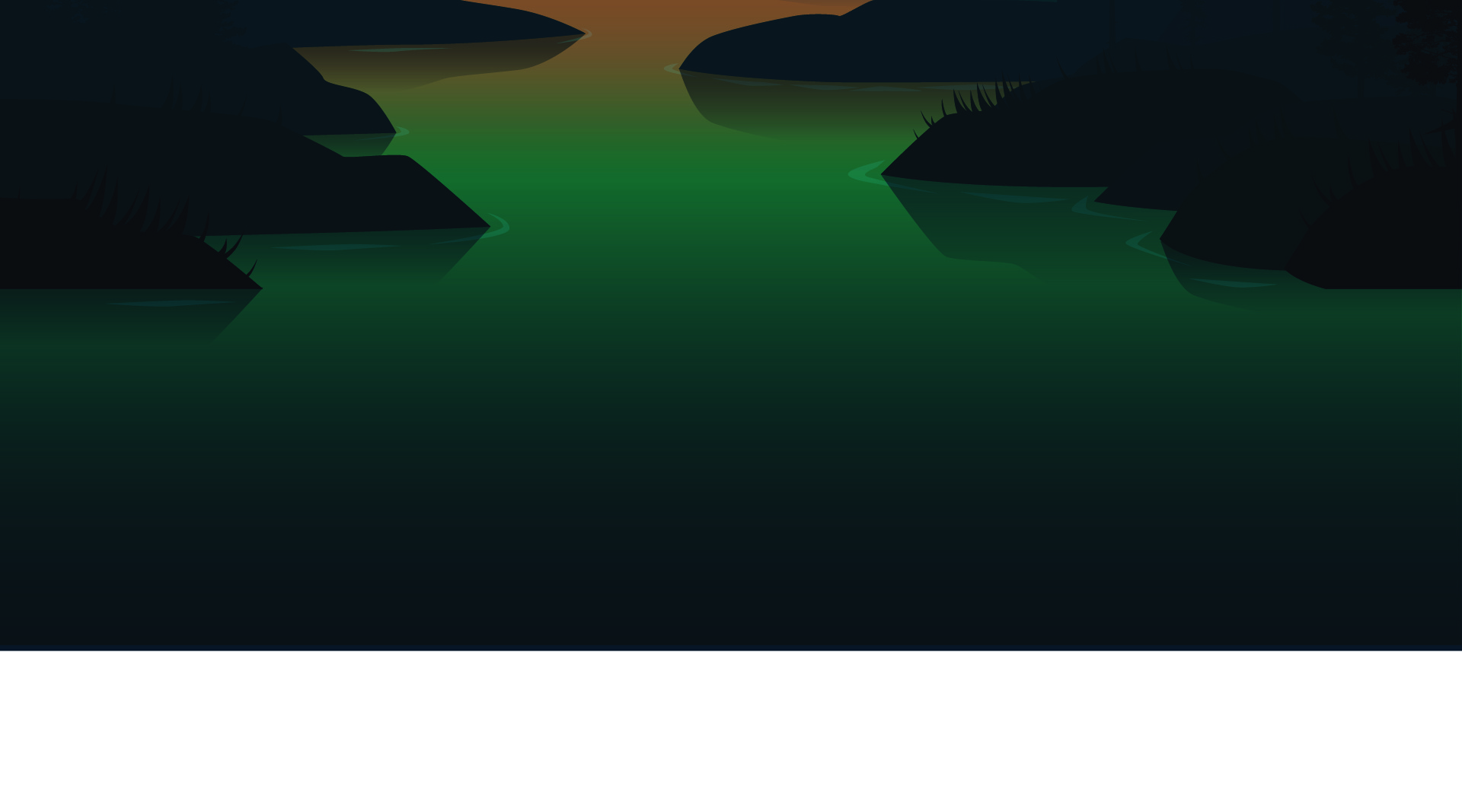 A serene river flows through a dark, silhouetted landscape at sunset, reflecting an orange sky on calm, gradient green waters.