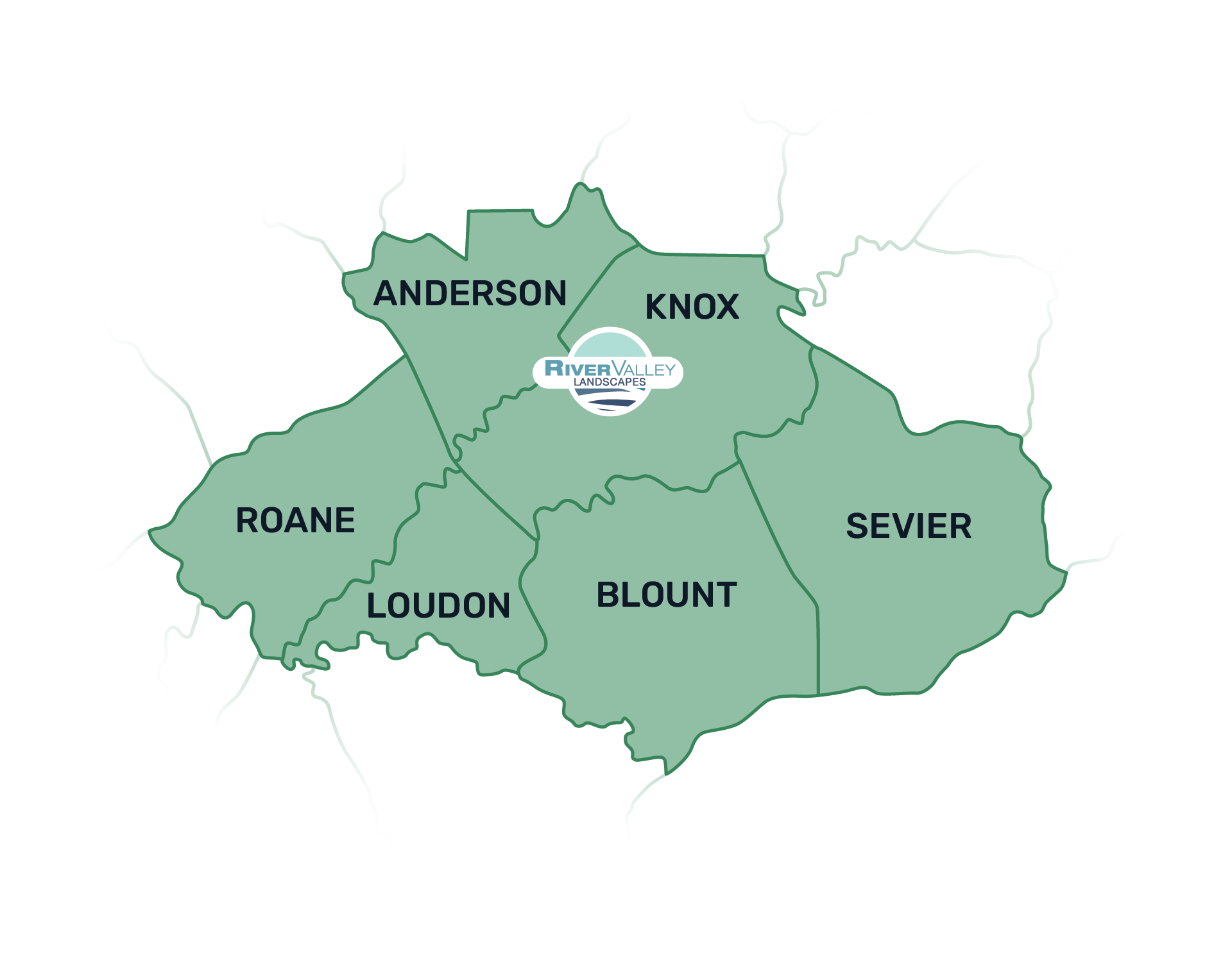A map highlighting counties: Anderson, Knox, Roane, Loudon, Blount, and Sevier, with a River Valley Landscapes logo at the center.