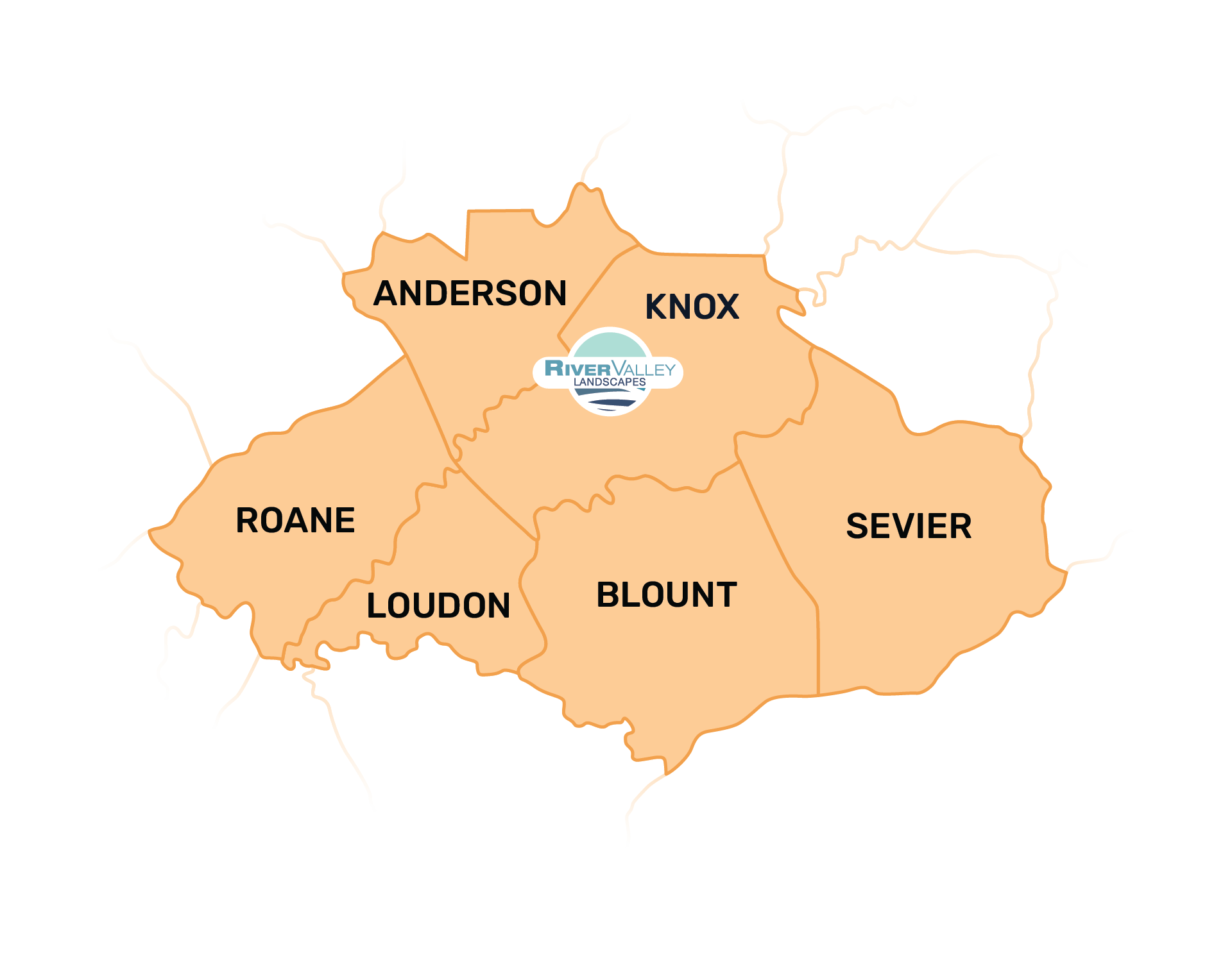A map highlighting counties: Anderson, Knox, Roane, Loudon, Blount, Sevier, with River Valley Landscapes logo. Boundaries and rivers are illustrated.