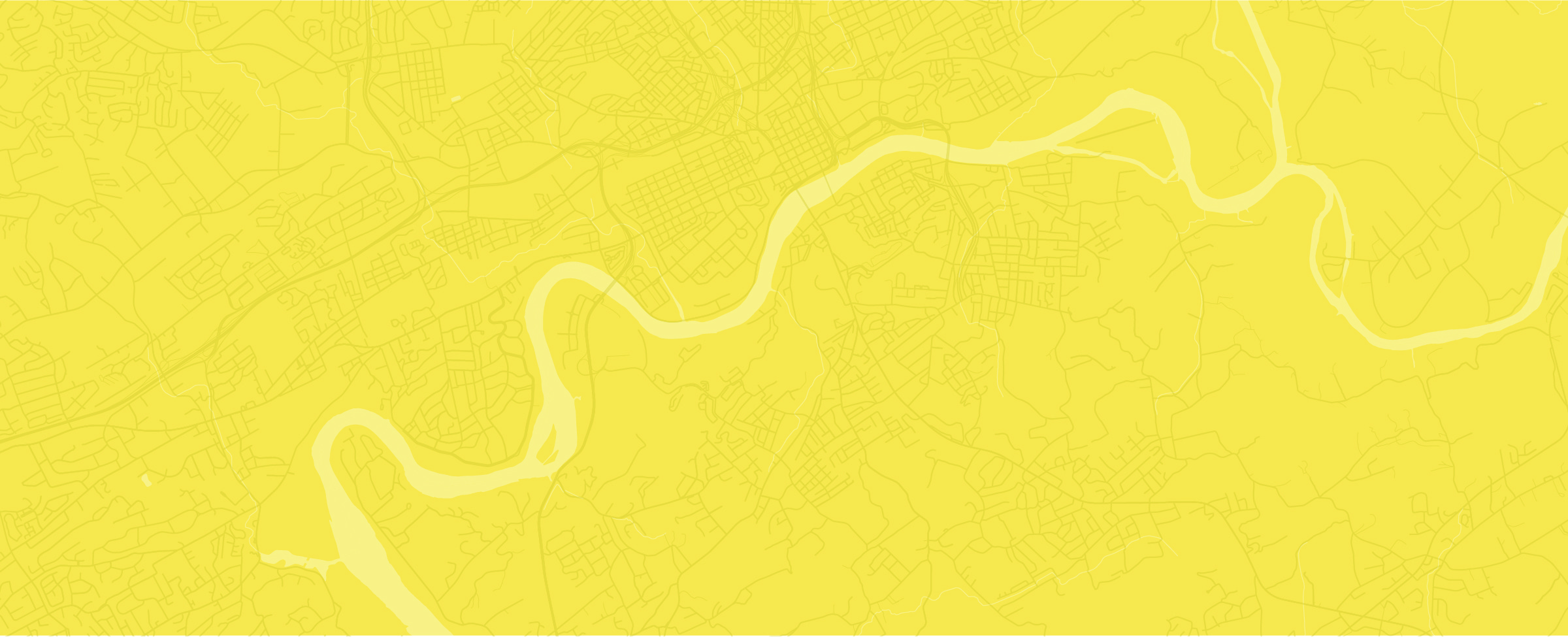 Aerial view of a winding river through a city, showing roads and various urban layouts, illustrated in a monochromatic yellow color scheme.