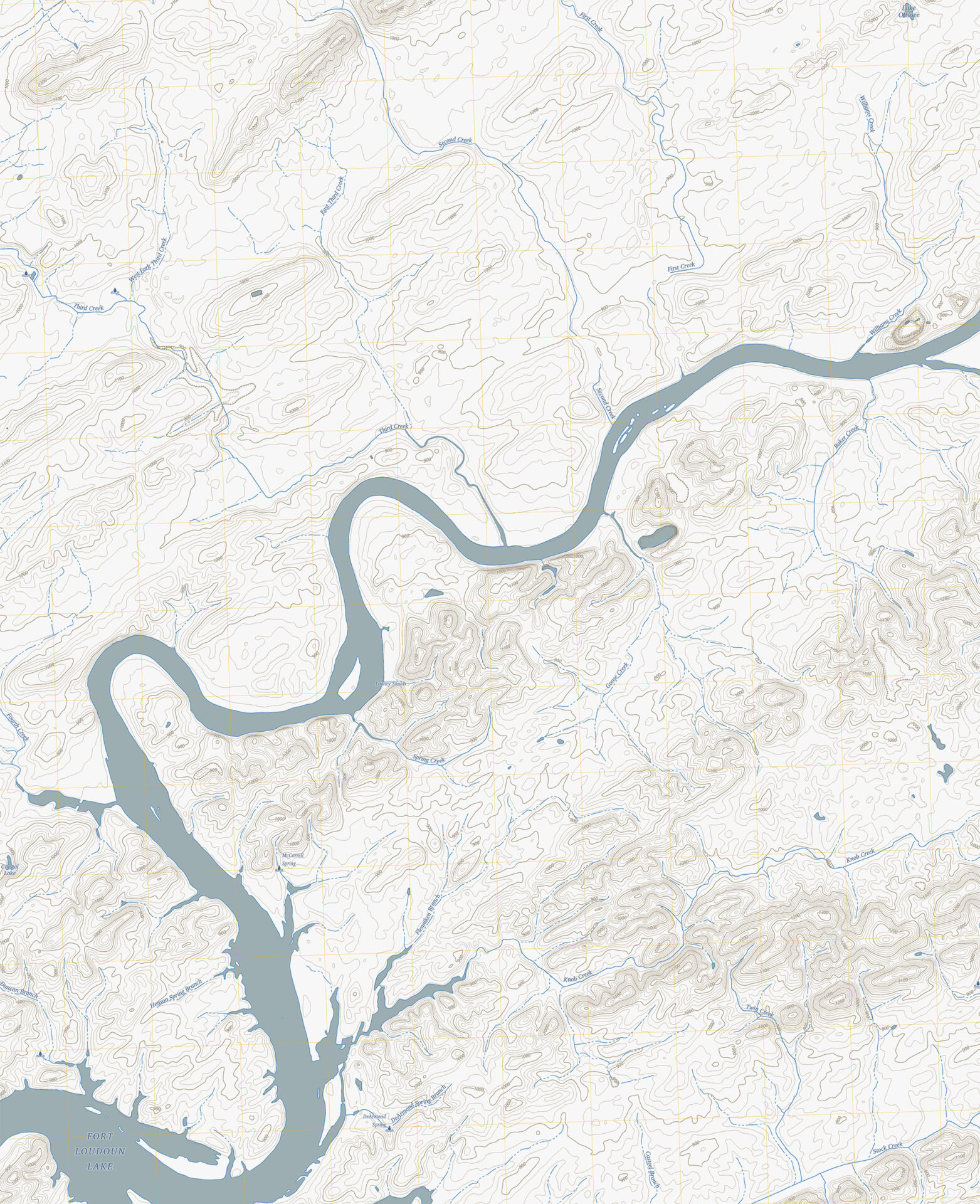 Topographic map featuring contour lines, a winding river, and Fort Loudoun Lake. Water bodies and elevation changes are prominently displayed.