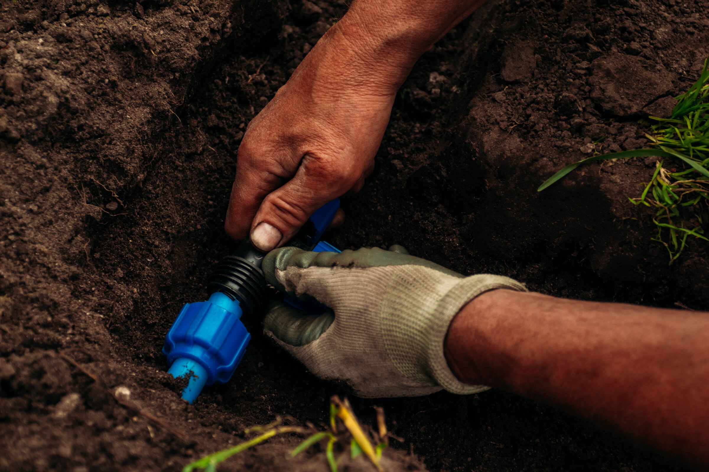 A person installs a blue irrigation pipe fitting in soil, using gloved hands, amidst fresh green grass and dark earth.