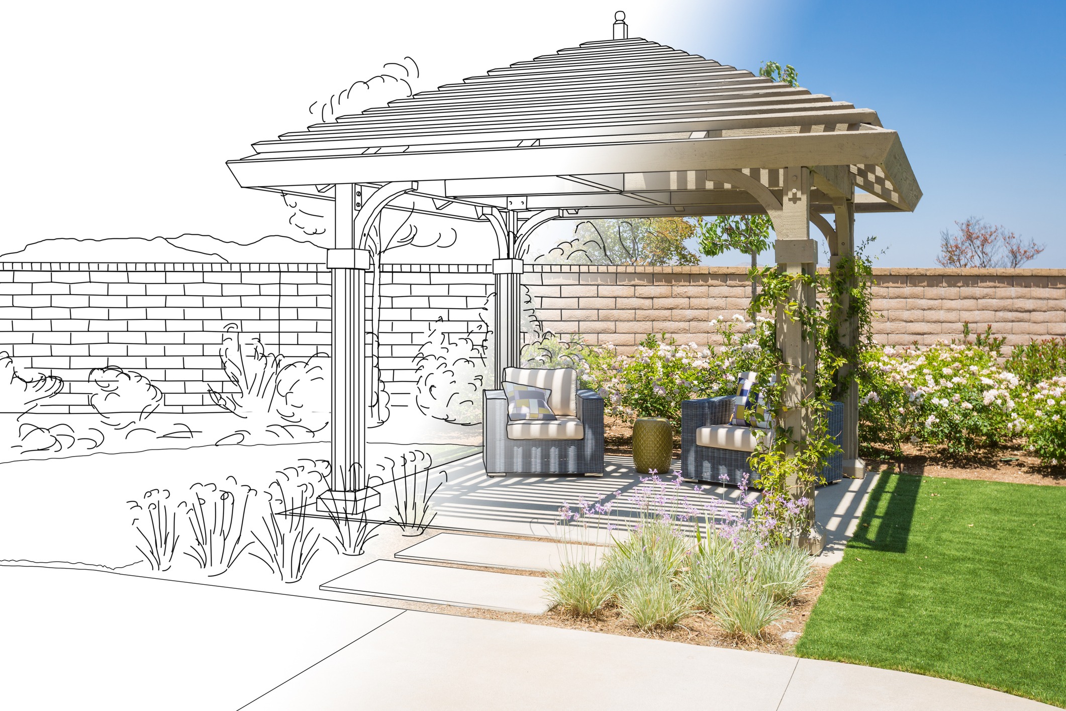 The image transitions from a blueprint to a completed pergola with wicker chairs, surrounded by a garden and brick wall under a clear sky.
