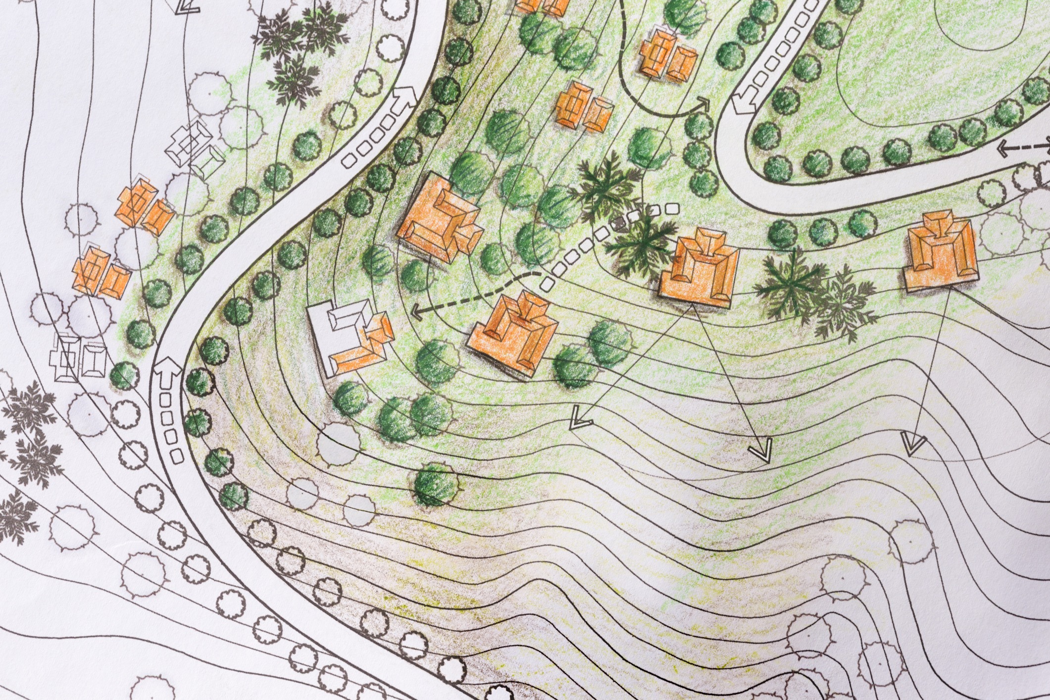 Landscape architectural plan featuring pathways, trees, and buildings. The illustration uses green for vegetation and orange for structures, with contour lines.